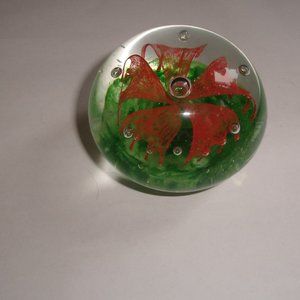 Art glass paperweight orange flower controlled bubbles